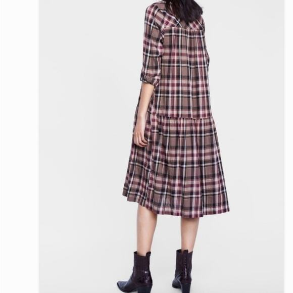 Zara Women’s Sz Large Plaid Dress Midi Length Long Sleeve Checked - Picture 10 of 10